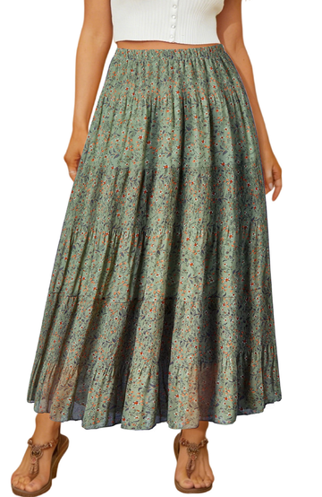 UVN Skirts for Women Summer Chiffon Pleated A-Line Long Skirt Elastic High Waist Swing Tiered Boho Beach Floral Print Maxi Skirts