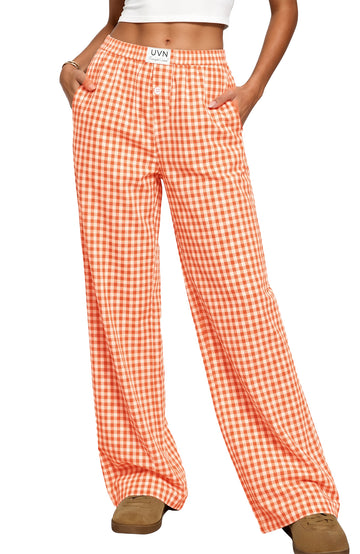 UVN Pants for Women Gingham Wide Leg Casual Lounge Bottoms Ladies Plaid Trousers with Pocket