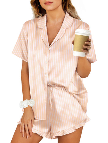 UVN Pajamas Sets for Women Short Sleeve Button Down Tops and Ruffle Shorts 2 Piece Outfit Satin Silk Pjs Sleepwear Loungewear