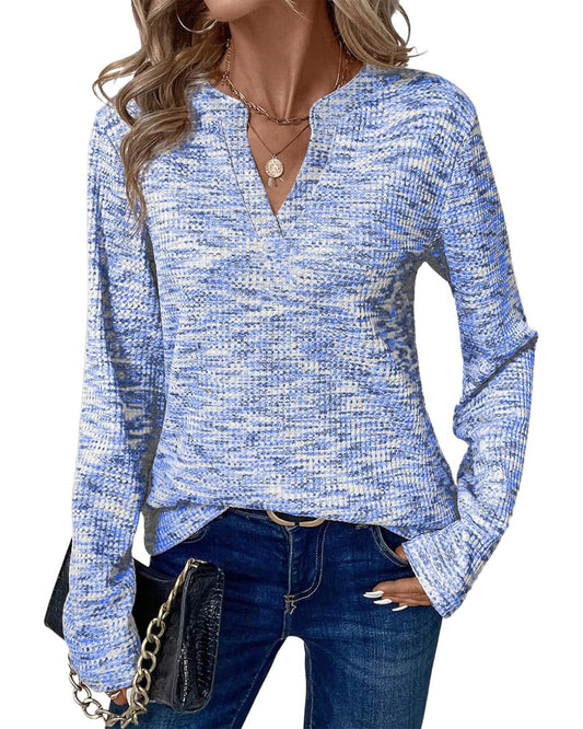 UVN Long Sleeve Shirts for Women Fall V Neck Waffle Knit Blouses Dressy Casual Tunic Tops Ladies Work Clothes