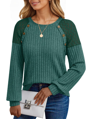 UVN Blouses for Women Casual Long Sleeve Shirts Dressy Hollow Out Lace Button Tops Fall Lightweight Pullover