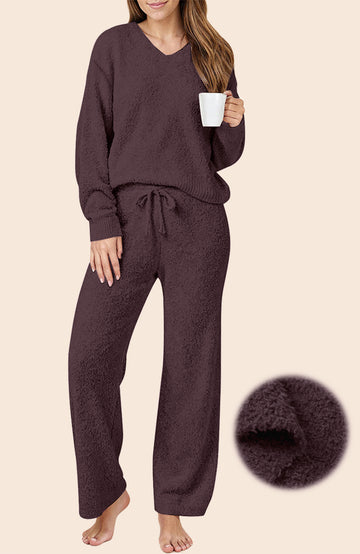 UVN Winter Pajama for Women Sweater Set Ladies V neck Tops and Long Pants Warm 2 Piece Loungewear