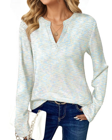 UVN Long Sleeve Shirts for Women Fall V Neck Waffle Knit Blouses Dressy Casual Tunic Tops Ladies Work Clothes