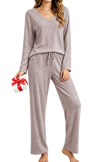 UVN Fall Womens Pajama Set 2 Piece Long Sleeve V Neck Top and Wide Leg Pant Ladies Soft Matching Lounge Set with Pockets