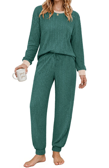 UVN Womens Pajama Set Two Piece Color-blocked Long Sleeve Top and Long Pants Ladies Fall Matching Oufits Casual Loungewear