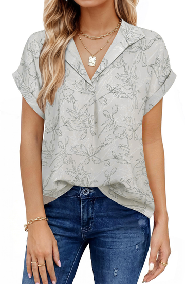UVN Blouses for Women Summer Short Sleeve Work Shirts Dressy Casual V Neck Print Tops