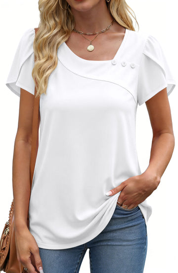 UVN Womens Summer Blouses Short Petal Sleeve Square Neck Ladies Button Shirts Dressy Casual Tunic Tops