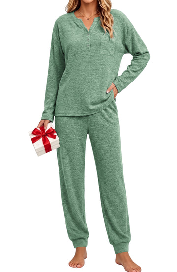 UVN Pajamas Sets for Women Long Sleeve Henley Neck Tops and Pants Two Piece Outfits Fall Winter Casual Sleepwear Pjs Lounge Sets