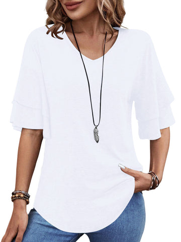 UVN Blouses for Women V Neck Half Bell Sleeve Shirts Summer Ladies Casual Flowy Tunic Tops