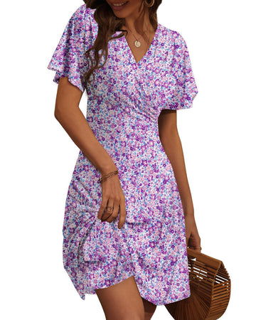 UVN Summer Dresses for Women Short Sleeve V Neck A-Line Midi Dress Boho Beach Floral Print Sundress