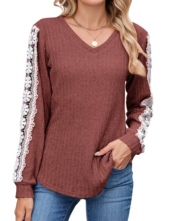 UVN Long Sleeve Shirts for Women Fall V Neck Lace Blouses Casual Dressy Tunic Pullover Sweaters Tops