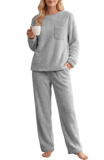 UVN Fluffy Pajamas Set for Women Winter Fleece Long Sleeve Tops and Pants 2 Piece Outfits Soft Plush Pjs Sleepwear Loungewear with Pockets