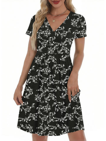 UVN Dresses for Women Deep V Neck Short Sleeve Summer Sundress Midi Party dress with Pocket