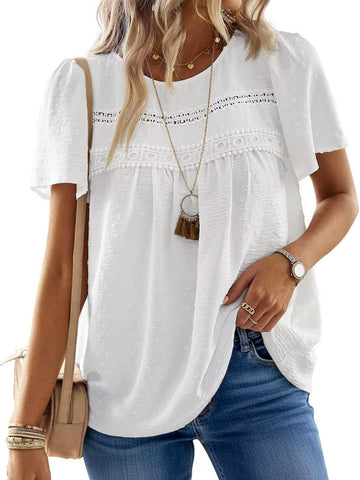 UVN Summer Womens Chiffon Blouses Short Sleeve Crew Neck Shirts for Women Boho Lace Casual Tops