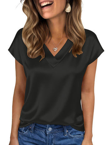 UVN Women Tops Summer Cap Short Sleeve Blouses Ladies V Neck Silk Satin Business Casual Shirts