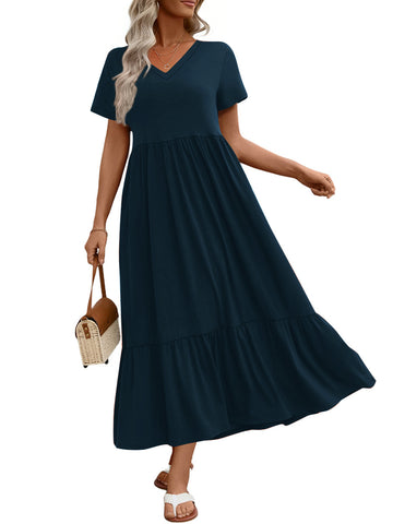 UVN Long Dresses for Women Summer Short Sleeve Casual V Neck Maxi Dress with Pockets