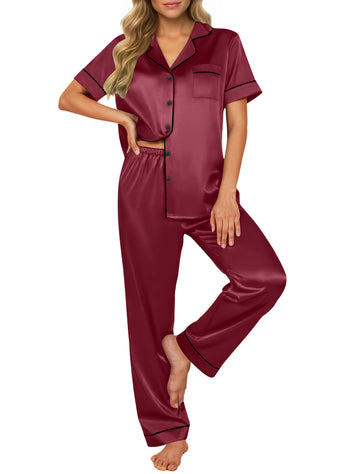 UVN Pajamas Sets for Women Short Sleeve Button Down Tops And Pants Sleepwear Soft Silk Satin Pjs Loungewear 2 Piece Outfit