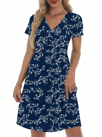 UVN Dresses for Women Deep V Neck Short Sleeve Summer Sundress Midi Party dress with Pocket