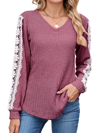UVN Long Sleeve Shirts for Women Fall V Neck Lace Blouses Casual Dressy Tunic Pullover Sweaters Tops