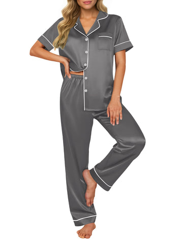 UVN Pajamas Sets for Women Short Sleeve Button Down Tops And Pants Sleepwear Soft Silk Satin Pjs Loungewear 2 Piece Outfit
