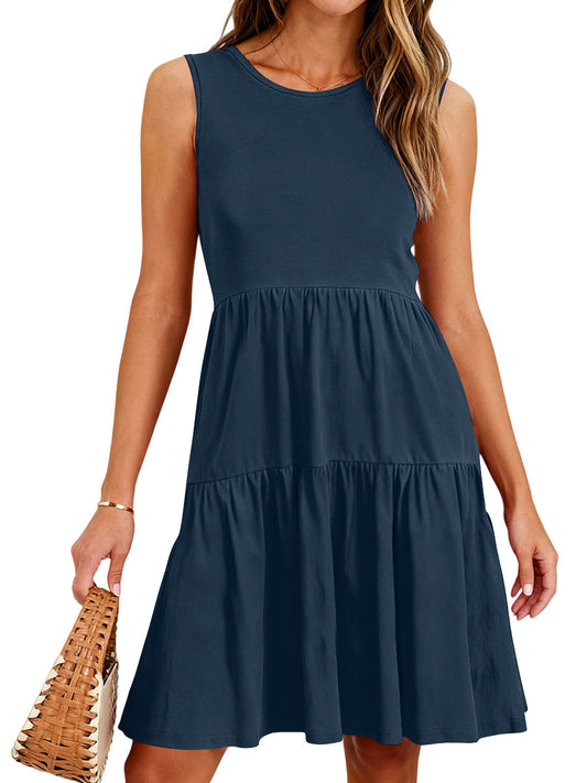 UVN Summer Tank Dresses for Women Crew Neck Flowy Midi Ladies Beach Dresses Casual Sleeveless Sundresses with Pockets