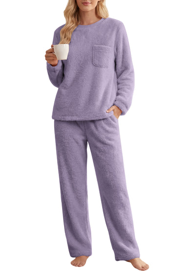 UVN Fluffy Pajamas Set for Women Winter Fleece Long Sleeve Tops and Pants 2 Piece Outfits Soft Plush Pjs Sleepwear Loungewear with Pockets