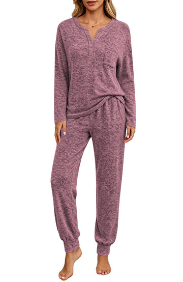 UVN Pajamas Sets for Women Long Sleeve Henley Neck Tops and Pants Two Piece Outfits Fall Winter Casual Sleepwear Pjs Lounge Sets