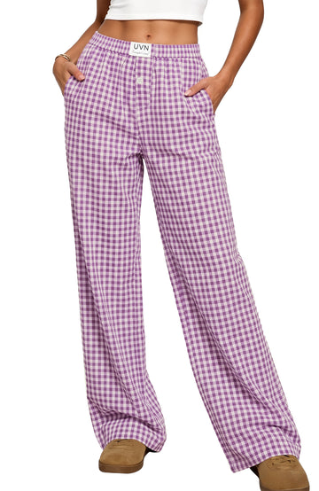 UVN Pants for Women Gingham Wide Leg Casual Lounge Bottoms Ladies Plaid Trousers with Pocket