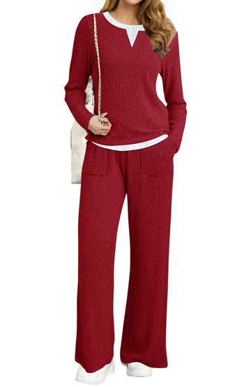 UVN Fall Matching Set for Women Color Block Tops and Wide Leg Pants Ladies Sweatsuit Casual 2 Peice Set