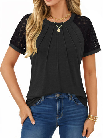 UVN Blouses for Women Short Sleeve Lace Tops Summer Casual Crewneck Pleated Shirts