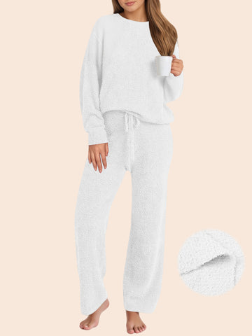 UVN Winter Pajama for Women Sweater Set Ladies Crewneck Tops and Long Pants Warm 2 Piece Loungewear