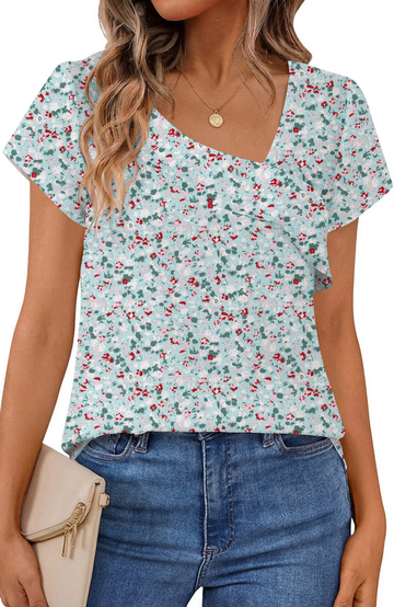 UVN Womens Chiffon Blouses Asymmetrical V Neck Shirts for Women Short Sleeve Elegant Tops