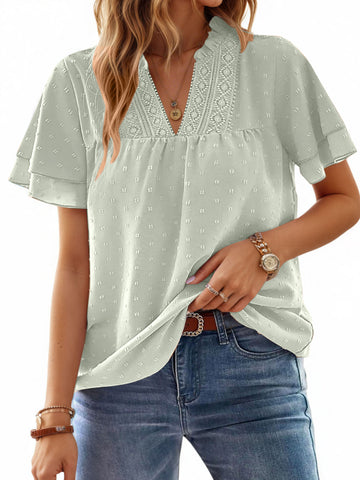 UVN V Neck Shirts for women Summer Lace Butterfly Sleeve Blouses Ladies Casual Flowy Crochet Tops