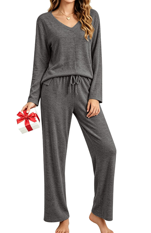 UVN Fall Womens Pajama Set 2 Piece Long Sleeve V Neck Top and Wide Leg Pant Ladies Soft Matching Lounge Set with Pockets