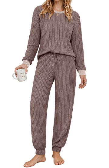 UVN Womens Pajama Set Two Piece Color-blocked Long Sleeve Top and Long Pants Ladies Fall Matching Oufits Casual Loungewear