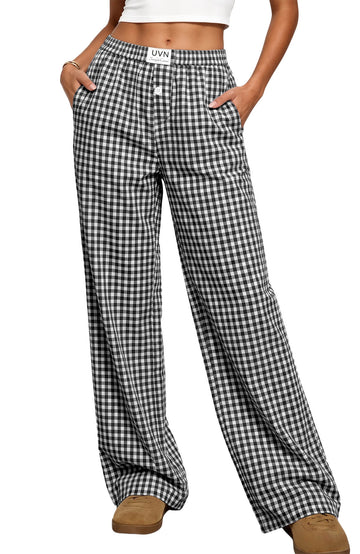 UVN Pants for Women Gingham Wide Leg Casual Lounge Bottoms Ladies Trousers with Pocket