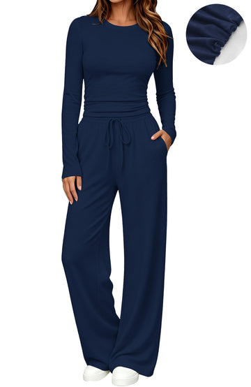 UVN Winter Womens 2 Piece Outfit Sets Ruched Long Sleeve Top and Wide Leg Pants Casual Loungewear Ladies Workout Sets