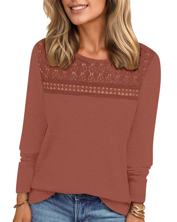 UVN Blouses for Women Fall Long Sleeve Crewneck Dressy Shirts Casual Waffle Knit Hollow Out Tunic Tops