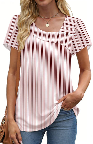 UVN Womens Summer Blouses Short Petal Sleeve Square Neck Ladies Button Shirts Dressy Casual Tunic Tops