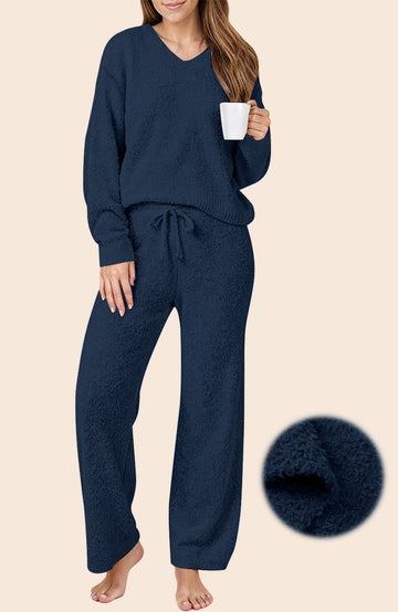 UVN Winter Pajama for Women Sweater Set Ladies V neck Tops and Long Pants Warm 2 Piece Loungewear