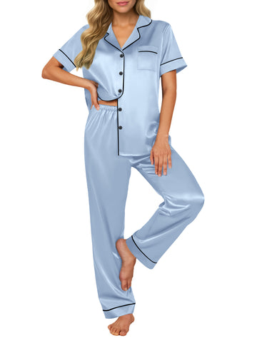 UVN Pajamas Sets for Women Short Sleeve Button Down Tops And Pants Sleepwear Soft Silk Satin Pjs Loungewear 2 Piece Outfit