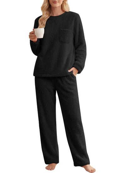 UVN Fluffy Pajamas Set for Women Winter Fleece Long Sleeve Tops and Pants 2 Piece Outfits Soft Plush Pjs Sleepwear Loungewear with Pockets
