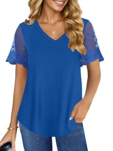 UVN Womens Summer Tops V Neck Lace Short Sleeve Shirts Casual Curved Hem Loose Fit Blouses