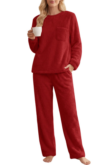 UVN Fluffy Pajamas Set for Women Winter Fleece Long Sleeve Tops and Pants 2 Piece Outfits Soft Plush Pjs Sleepwear Loungewear with Pockets