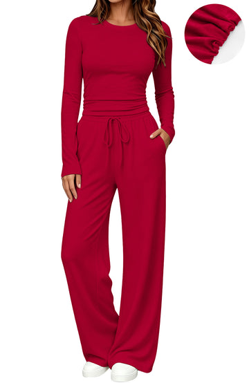 UVN Winter Womens 2 Piece Outfit Sets Ruched Long Sleeve Top and Wide Leg Pants Casual Loungewear Ladies Workout Sets