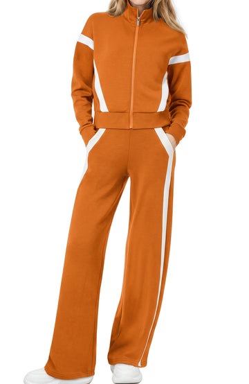 UVN Womens 2 Piece Outfits Fall Winter Casual Fashion Tracksuit Long Sleeve Zip Up Tops and Wide Leg Pants Lounge Sets