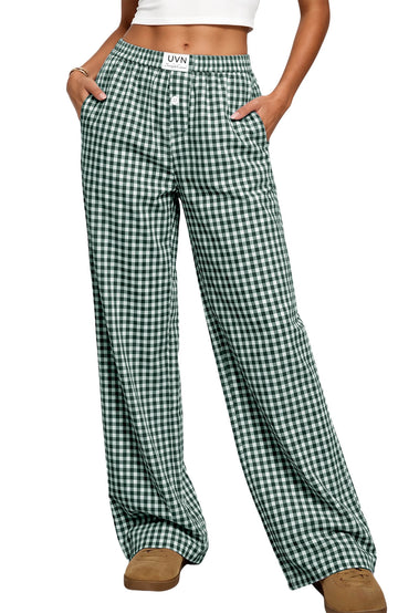 UVN Pants for Women Gingham Wide Leg Casual Lounge Bottoms Ladies Trousers with Pocket