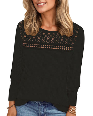 UVN Blouses for Women Fall Long Sleeve Crewneck Dressy Shirts Casual Waffle Knit Hollow Out Tunic Tops