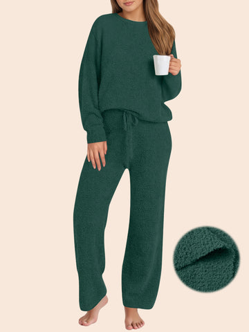 UVN Winter Pajama for Women Sweater Set Ladies Crewneck Tops and Long Pants Warm 2 Piece Loungewear