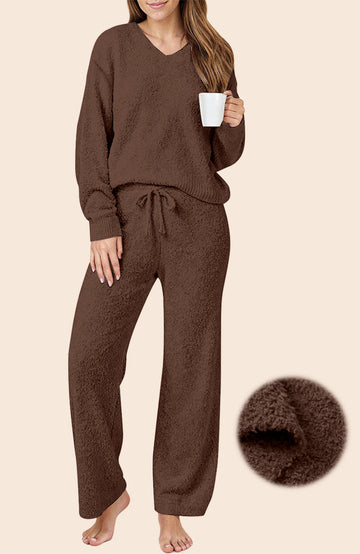 UVN Winter Pajama for Women Sweater Set Ladies V neck Tops and Long Pants Warm 2 Piece Loungewear
